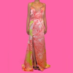tony bowls paris satin pink & green floral beaded rhinestone maxi prom dress!